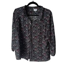 Brora Women's Size 16 Bird Print‎ Button Down Shirt Long Sleeve Collared Silk XL